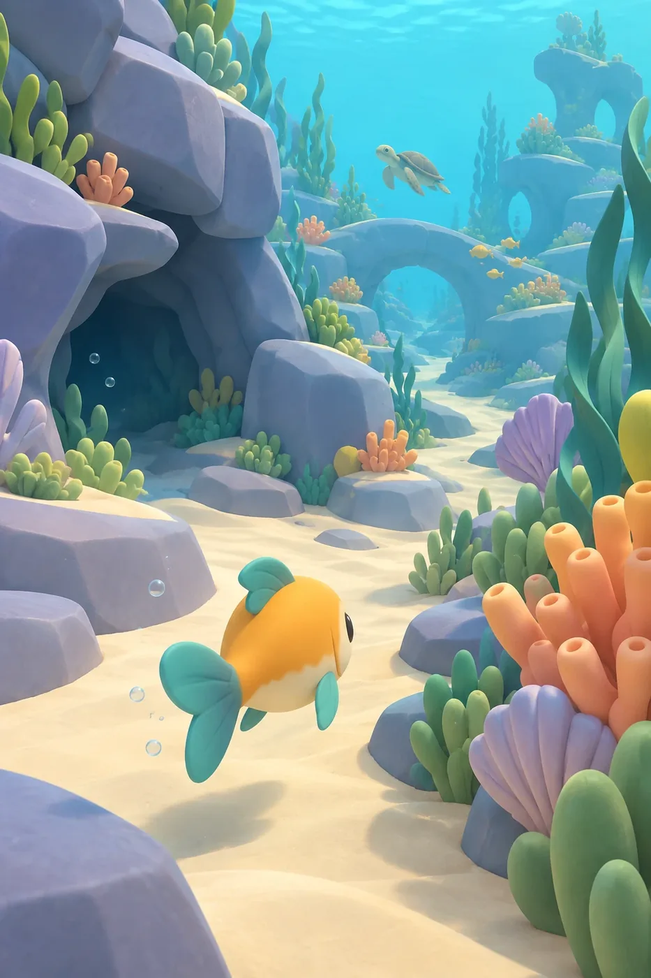 Amber, an orange fish, swimming among rocks, corals and a turtle